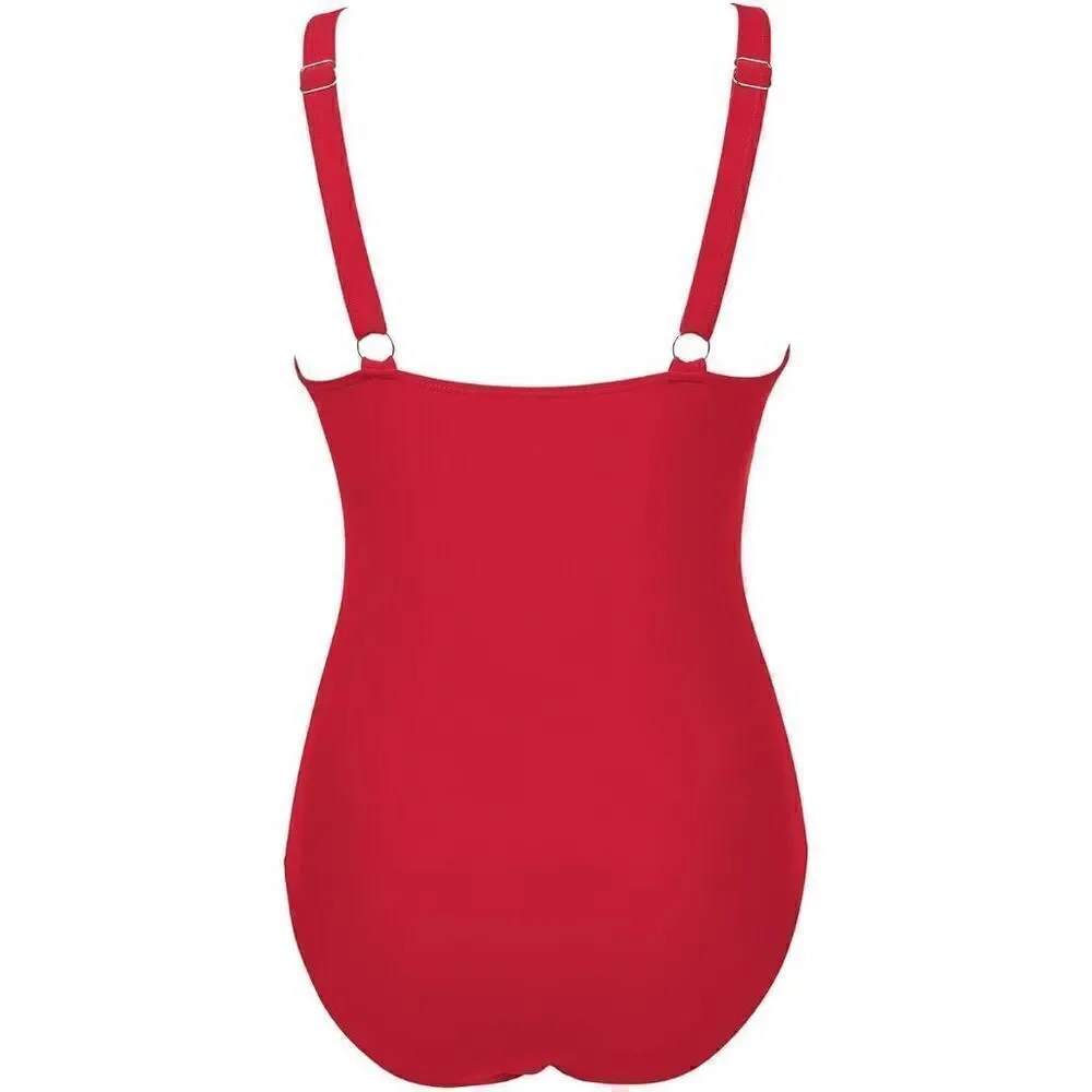 Lipstick Red Bright Cherry Mesh Plunge One Piece Swimsuit Medium